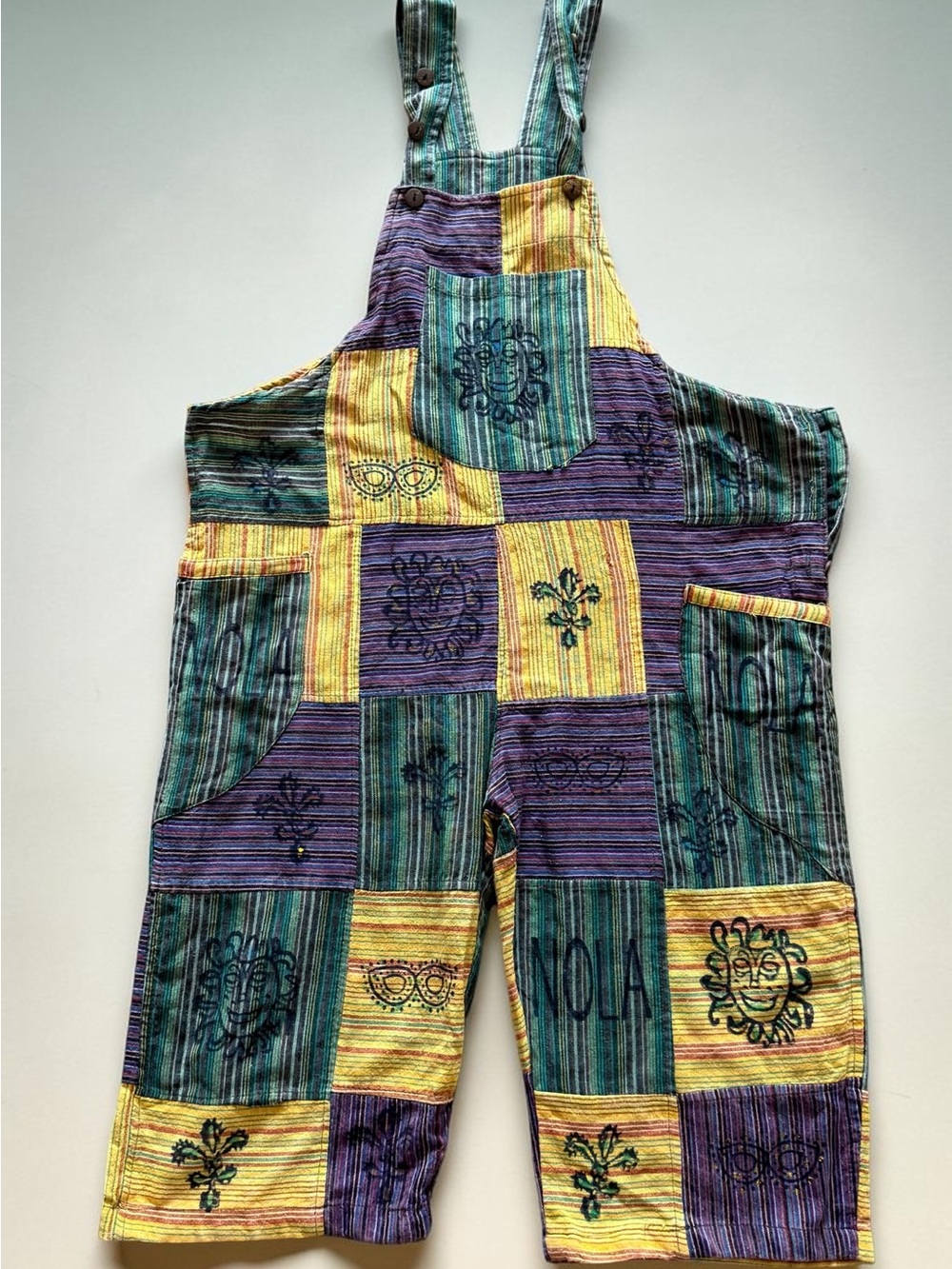 Patchwork Striped Cotton Overalls in Purple, Teal & Yellow